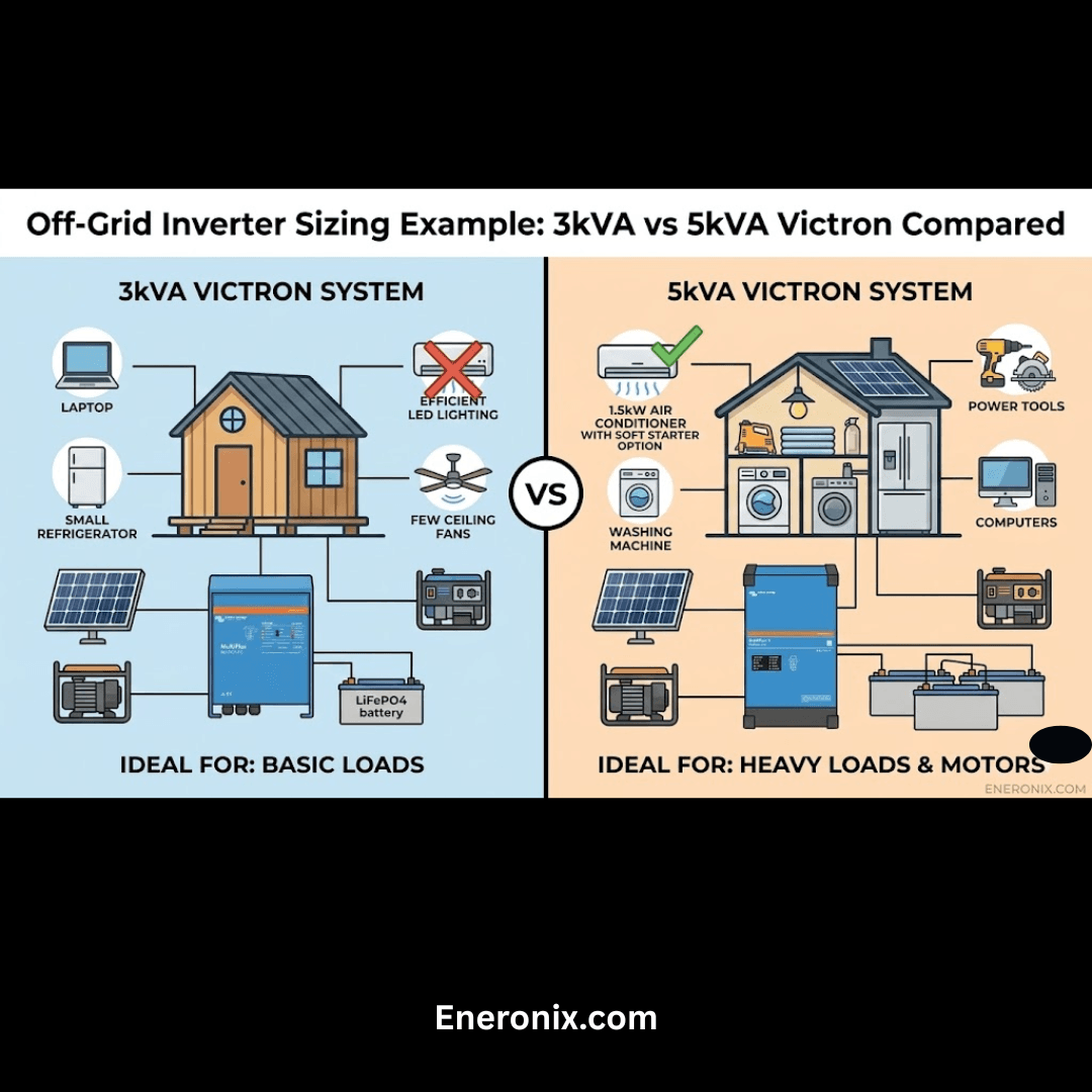Off-Grid Inverter Sizing: 3kVA vs 5kVA Victron Multiplus-II Complete Worked Example Off-Grid Inverter Sizing