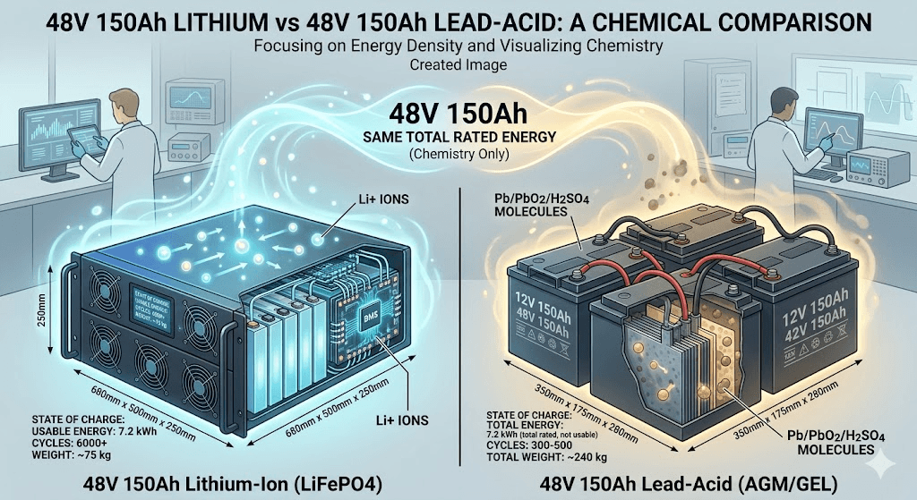 48V 150Ah Lithium vs 48V 150Ah Lead-Acid (Same Energy, Chemistry Only)