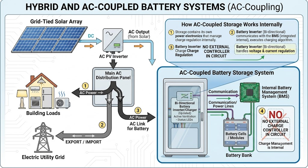 A hybrid system pairs grid-tied solar with battery storage through AC coupling. The storage device contains its own power electronics that manage charge regulation internally. The battery inverter communicates with the BMS, executes the appropriate charging algorithm, and handles voltage and current regulation without any external charge controller in the circuit.
