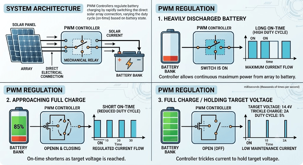 A PWM controller makes a direct electrical connection between the solar array and the battery bank. It regulates charging by switching that connection on and off thousands of times per second, varying how long the connection stays open per cycle. When the battery is heavily discharged, the switch stays on longer, allowing maximum current through. As the battery approaches full charge, the on-time shortens until the controller is just trickling enough current to hold the battery at its target voltage.