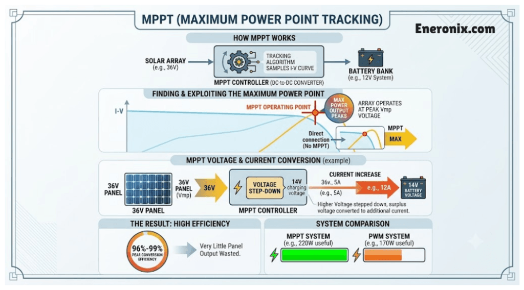 An MPPT controller is a DC-to-DC converter with a tracking algorithm built in. Rather than connecting the panel directly to the battery, it samples the panel's voltage and current relationship continuously, finds the point on the I-V curve where power output peaks, and operates the array at that voltage. It then steps that higher voltage down to the battery's charging voltage while converting the surplus voltage into additional charging current.The result is that a 36V panel feeding a 12V battery through an MPPT controller operates at its actual Vmp. The controller steps 36V down to 14V and the current at the battery terminals increases proportionally. Very little of the panel's potential output is wasted. Peak conversion efficiency on quality MPPT units runs between 96% and 99%.