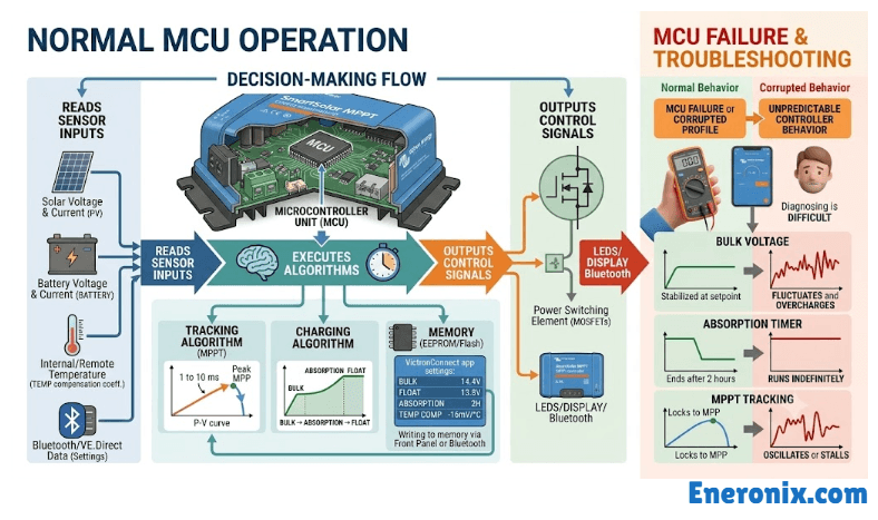This is the decision-making core. It reads all sensor inputs, runs the charging algorithm, and outputs control signals to the power switching element. On MPPT controllers, it also executes the tracking algorithm, typically every 1 to 10 milliseconds. It stores your programmed setpoints: bulk voltage, float voltage, absorption timer, temperature compensation coefficient.