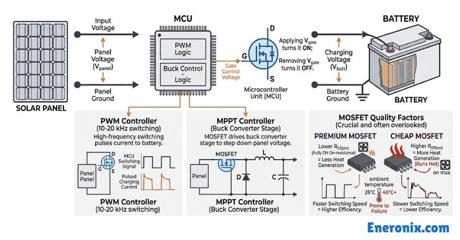 The MOSFET is the physical gating element between the panel and the battery. It's a transistor controlled by gate voltage from the MCU. Applying voltage to the gate turns it on; removing it turns it off. In a PWM controller, the MCU switches this gate on and off at high frequency, typically 10 to 20 kHz, to pulse current.