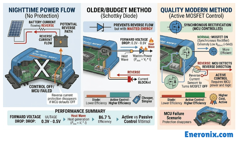 Reverse current protection in charge controllers